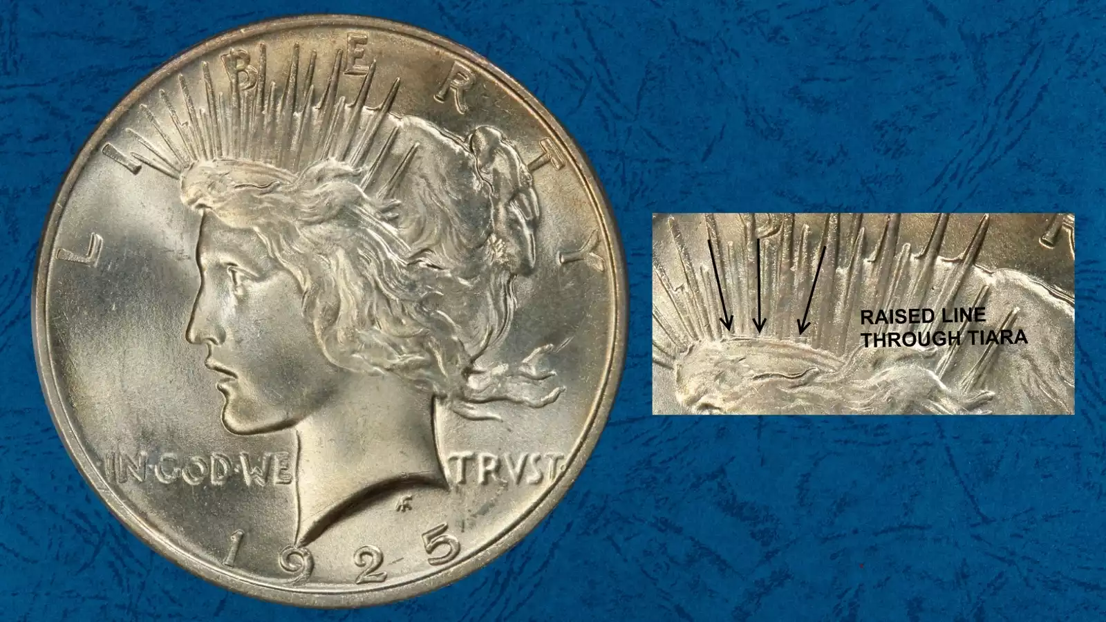 1925 Peace Dollar VAM 1A Tiara Die Gouge — horizontal line visible under letter B in LIBERTY at base of Liberty's tiara