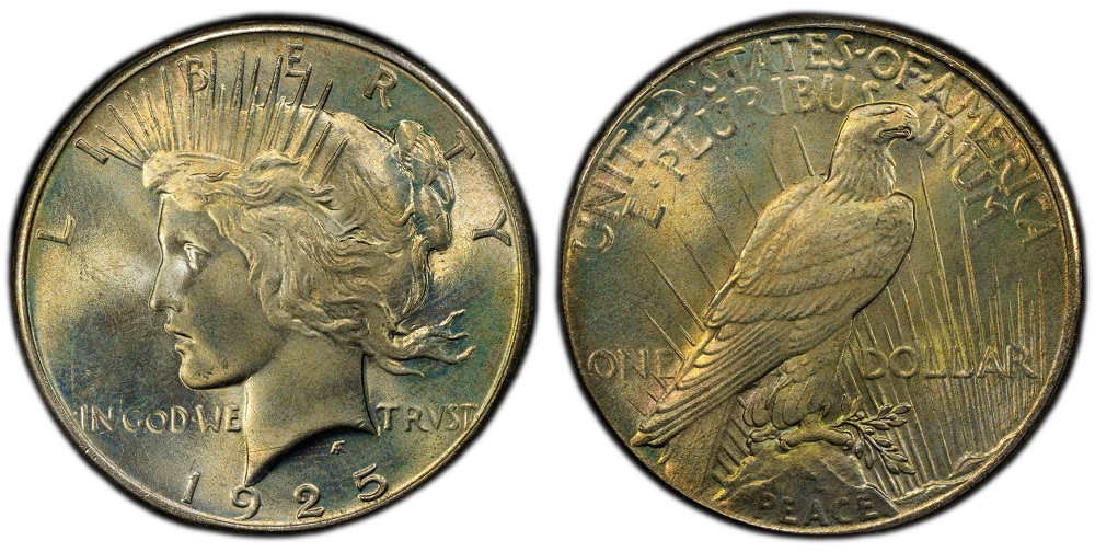 1925 Peace Dollar grading strip — four coins shown side by side illustrating worn, circulated, uncirculated, and gem condition